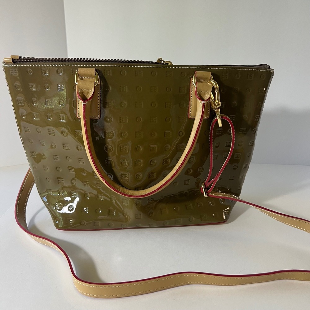 Arcadia Italian Patent Leather Olive Satchel Geometric Embossed PatternNWOT 10"